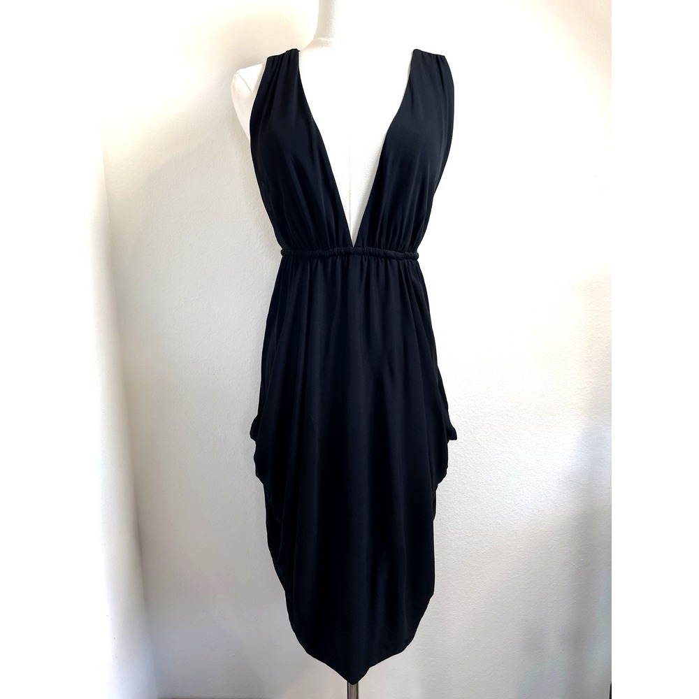 7 For All Mankind Grecian Plunged Dress Size S Black Stretchy Minimalist Chic